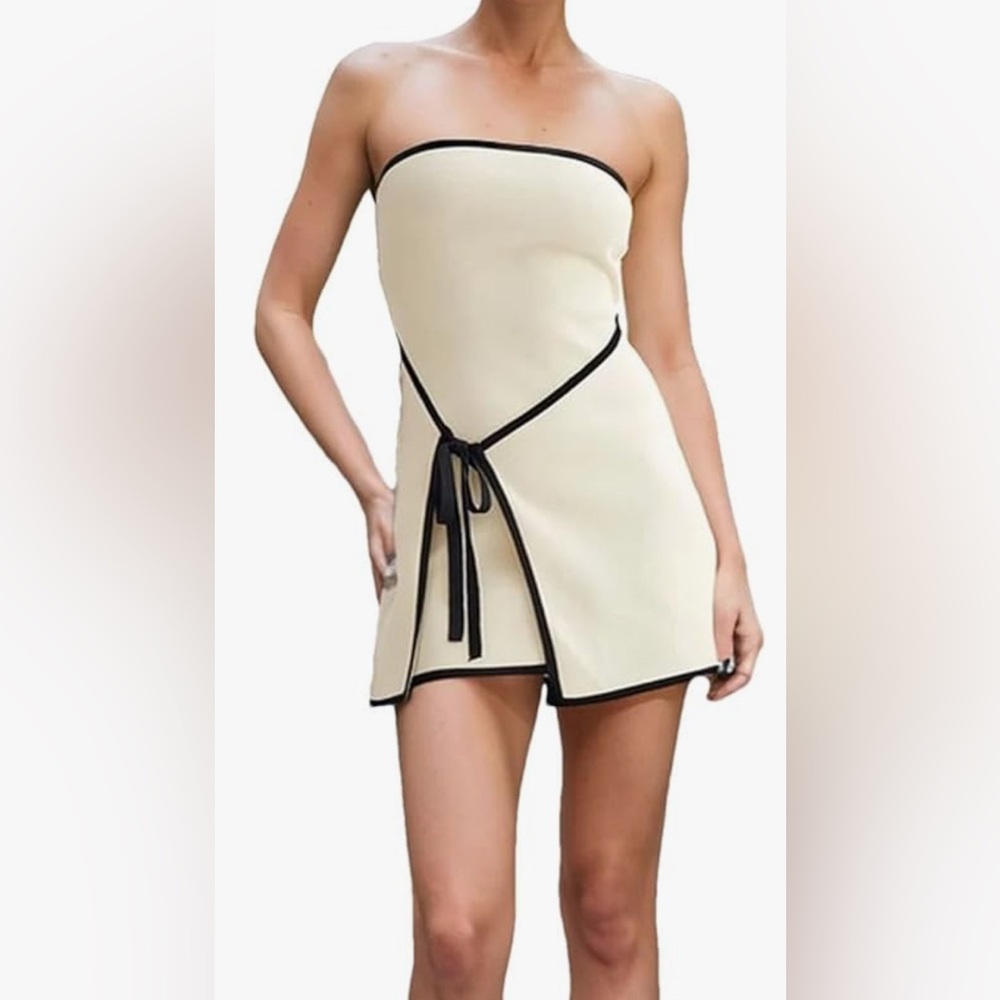 Chic Strapless Cream Dress with Black Trim - trending meshki dress look alike